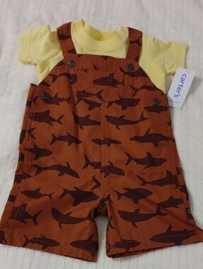 Carter's Yellow Tee with Rust Brown Shark Shortalls